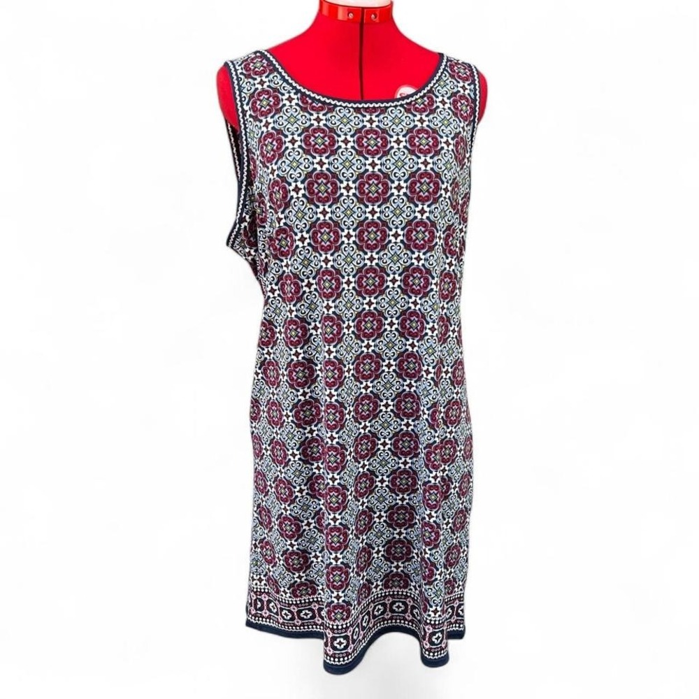 Max Studio Red Blue Geometric Sleeveless Dress Keyhole Back XL Wedding Guest
